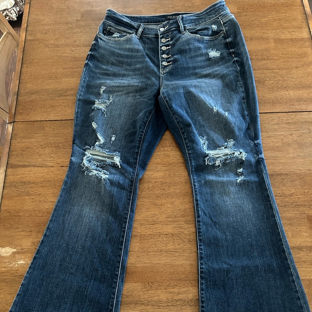 Judy Blue Distressed Dark Blue Flare Jeans
